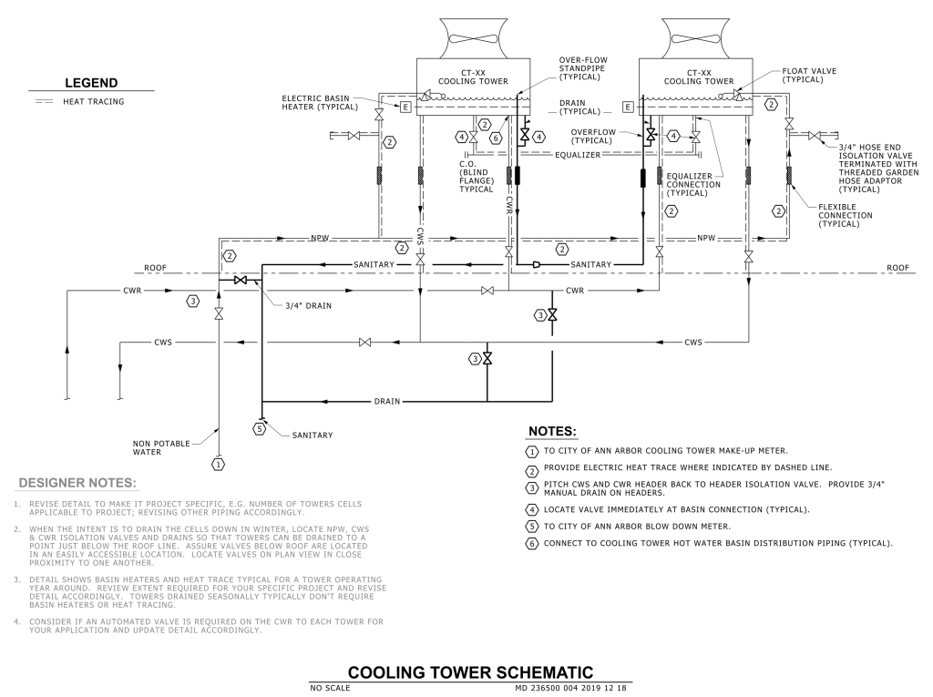 Cooling tower schematic diagram with piping and components labeled.