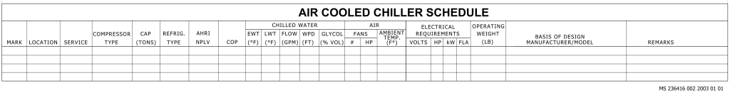 A table titled "AIR COOLED CHILLER SCHEDULE" with columns for various specifications and headings.