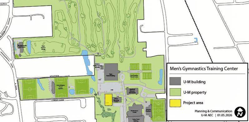 This is a map that shows the future location of the new Mens Gymnastics Training Facility in Ann Arbor, MI.