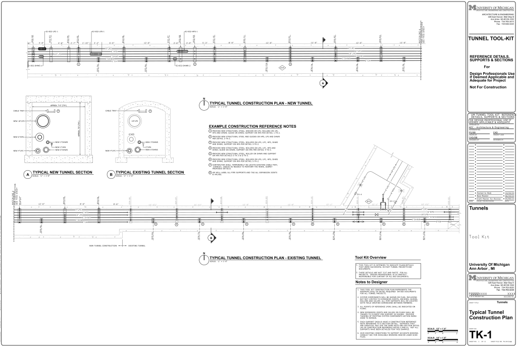 Architectural blueprint for tunnel construction, including plans for new and existing tunnels with detailed sections and construction notes.