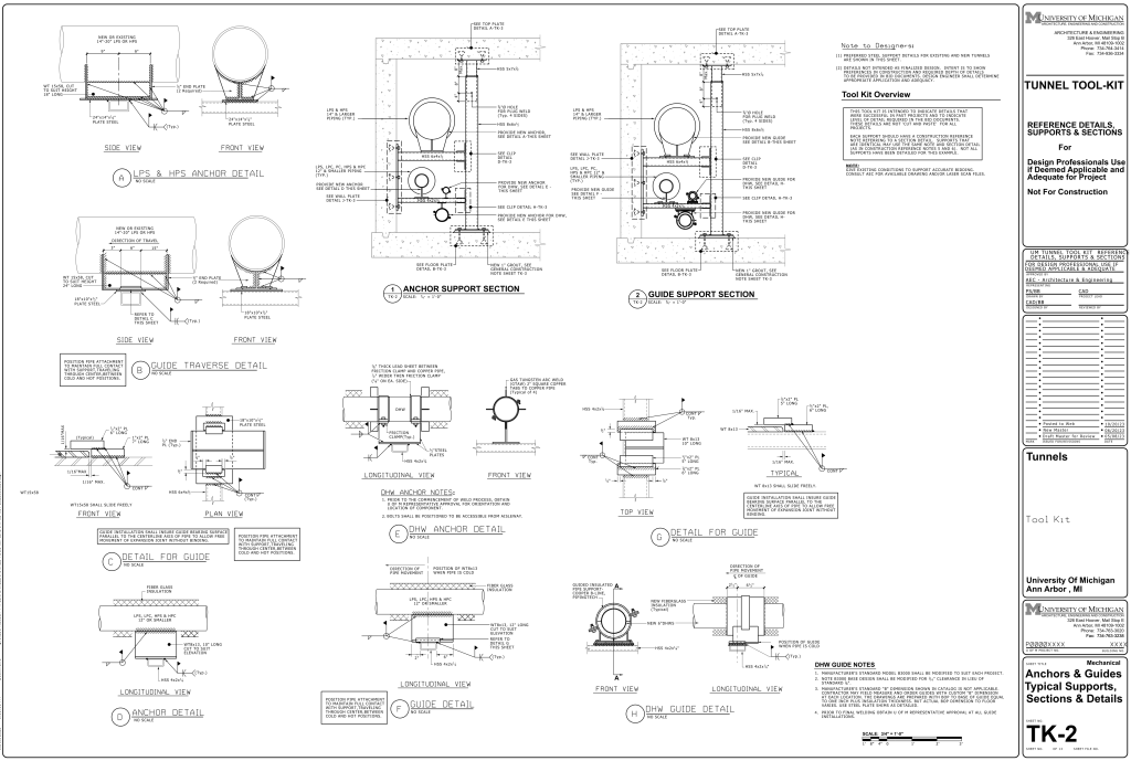 Technical drawing of tunnel anchors and guides with detailed sections, dimensions, and notes.