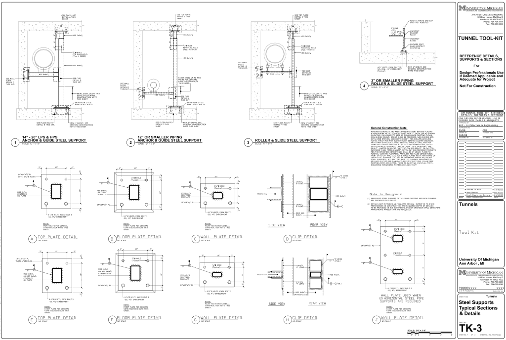 Architectural drawing of tunnel steel support details with specifications and notes.