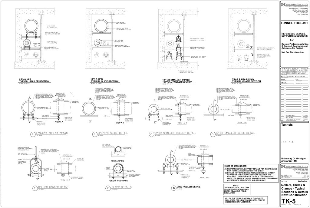 Engineering drawing of tunnel tool-kit detailing piping supports and sections from the University of Michigan.