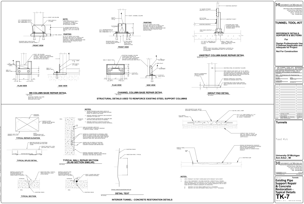 Technical blueprint of structural and concrete restoration details for tunnel supports.