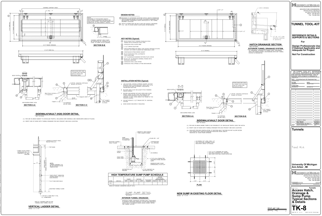 Detailed engineering drawing of tunnel details by the University of Michigan, showing vault doors, drainage, and sump pump systems.