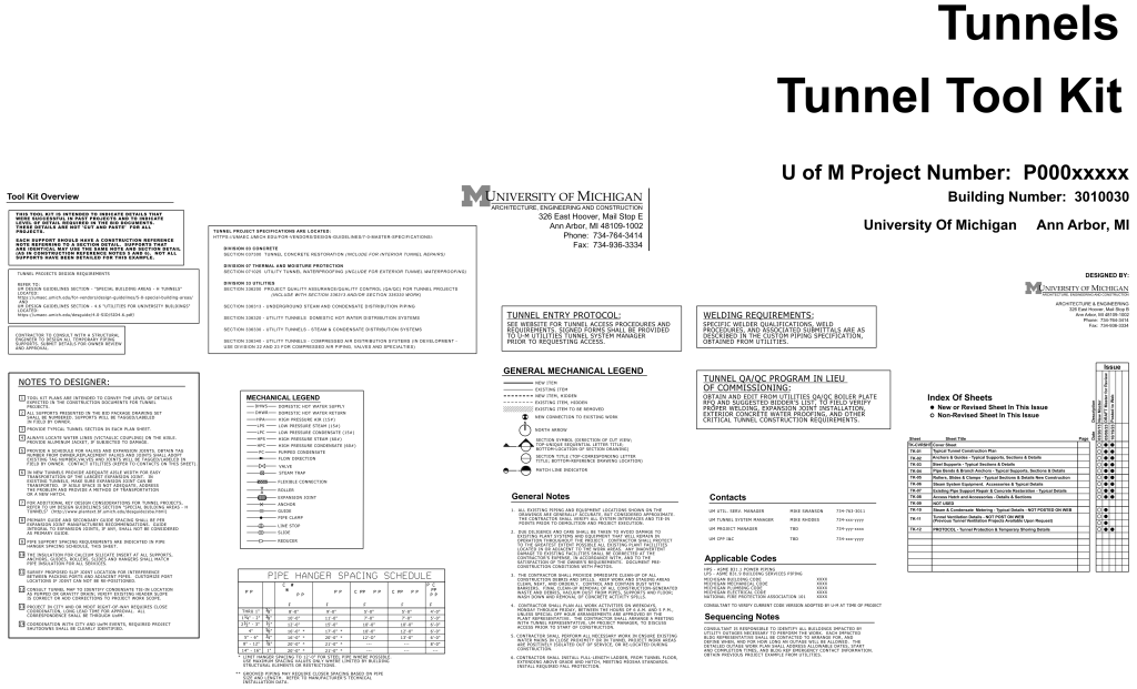 Technical document titled "Tunnel Tool Kit" with project details, notes for designers, mechanical legends, and construction guidelines.