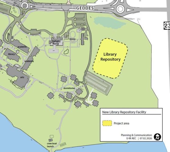 Map showing the project area for the new Library Repository Facility adjacent to US-23. The map includes a legend which identifies the project area with a yellow square and black dotted line border.